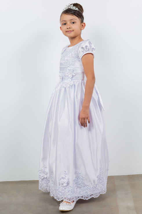 Girls White Satin Cap Sleeve T-length Communion Dress 6-16